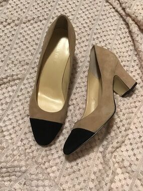 Ivanka Trump Two-Tone Suede Block Heel Pumps - Beige and Black